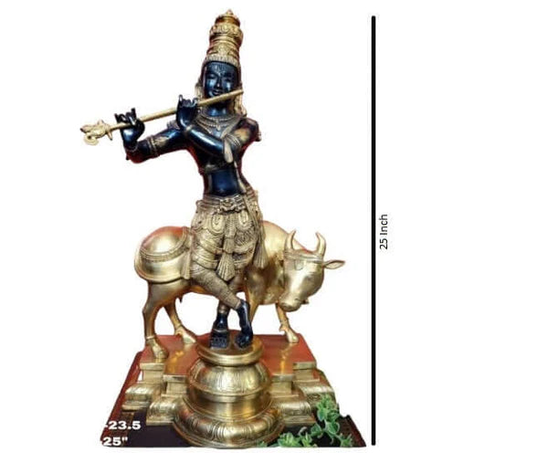 Cow Krishna Statue – 25 Inch Large Premium Brass Krishna Idol with Cow