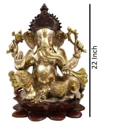RoyalStuffs 22 Inch Large Brass Lord Ganesha Statue – Handmade Exotic Triple Chola Finish Ganpati Idol on Lotus