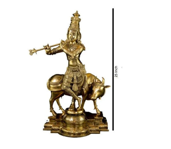 Brass Krishna with Cow Statue – Golden Finish Premium Handcrafted Krishna Idol (25 Inch)