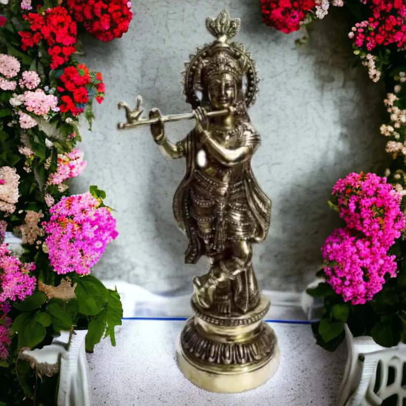 Brass Black Antique Krishna Decorative Showpiece 51 CM Handcrafted Brass Idol Statue