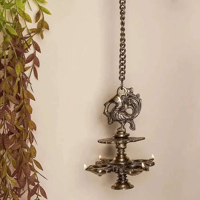 Royal Handcrafted Brass Hanging Bird Diya with 4 Oil Lamps – Antique Finish