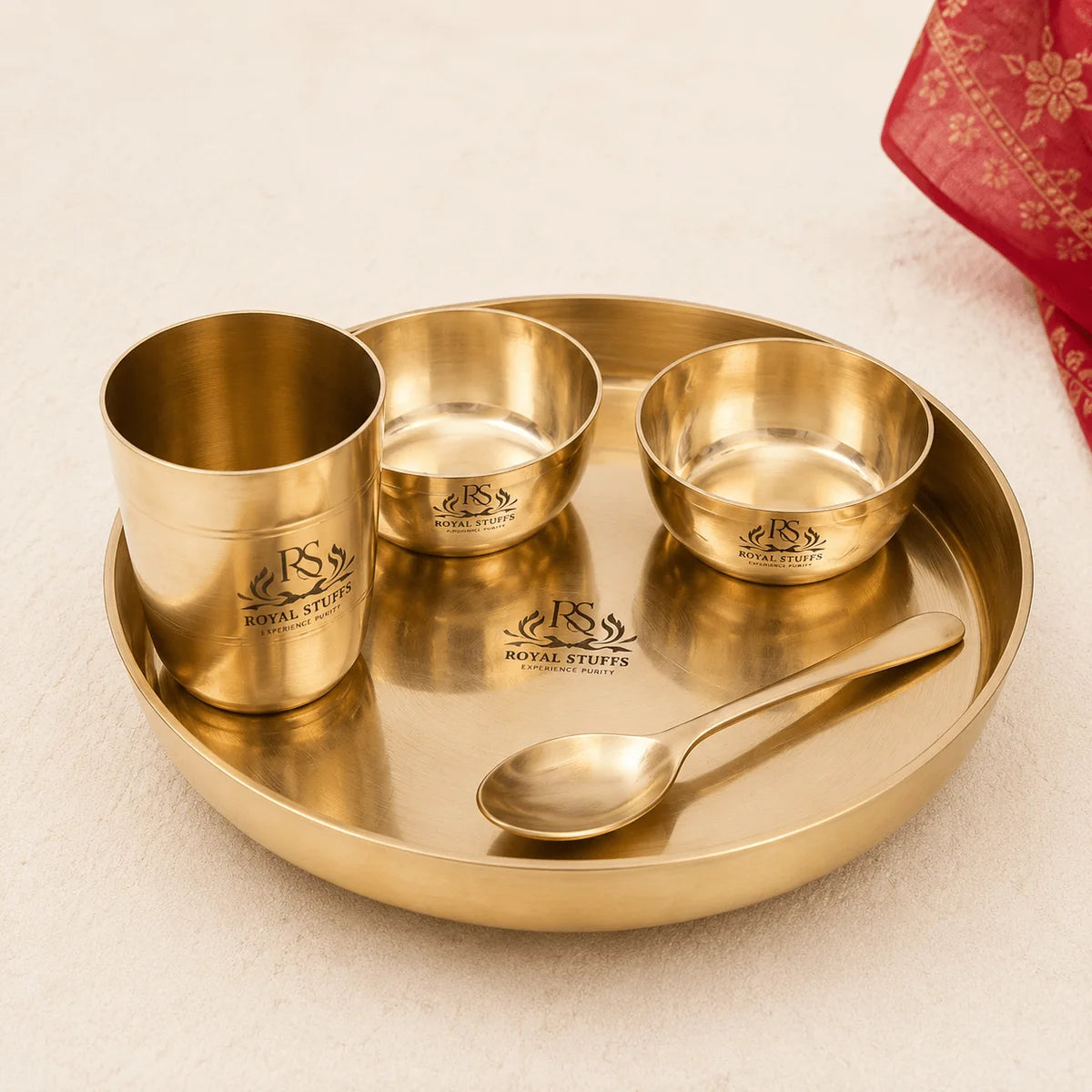 10 Inch Pure Kansa Bronze Bhojan Thali Set – 5 Piece Handcrafted Dinnerware Set (80:20 Certified Bronze)