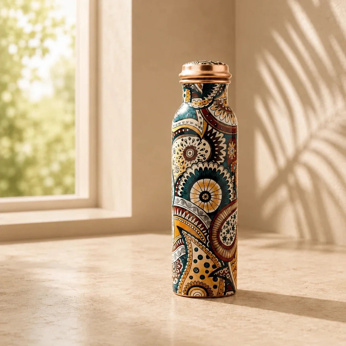 Colorful Paisley Pure Copper Water Bottle – Jointless Leak-Proof Ayurveda Bottle for Sports & Yoga (1000 ML)
