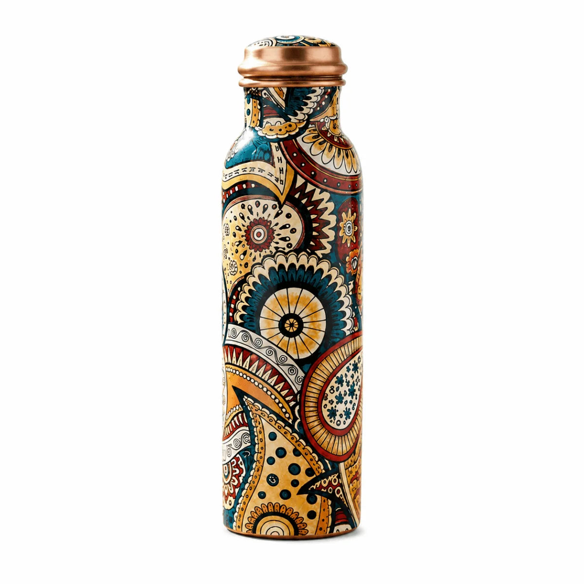 Colorful Paisley Pure Copper Water Bottle – Jointless Leak-Proof Ayurveda Bottle for Sports & Yoga (1000 ML)