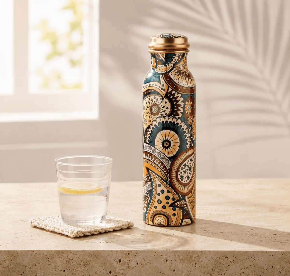 Colorful Paisley Pure Copper Water Bottle – Jointless Leak-Proof Ayurveda Bottle for Sports & Yoga (1000 ML)