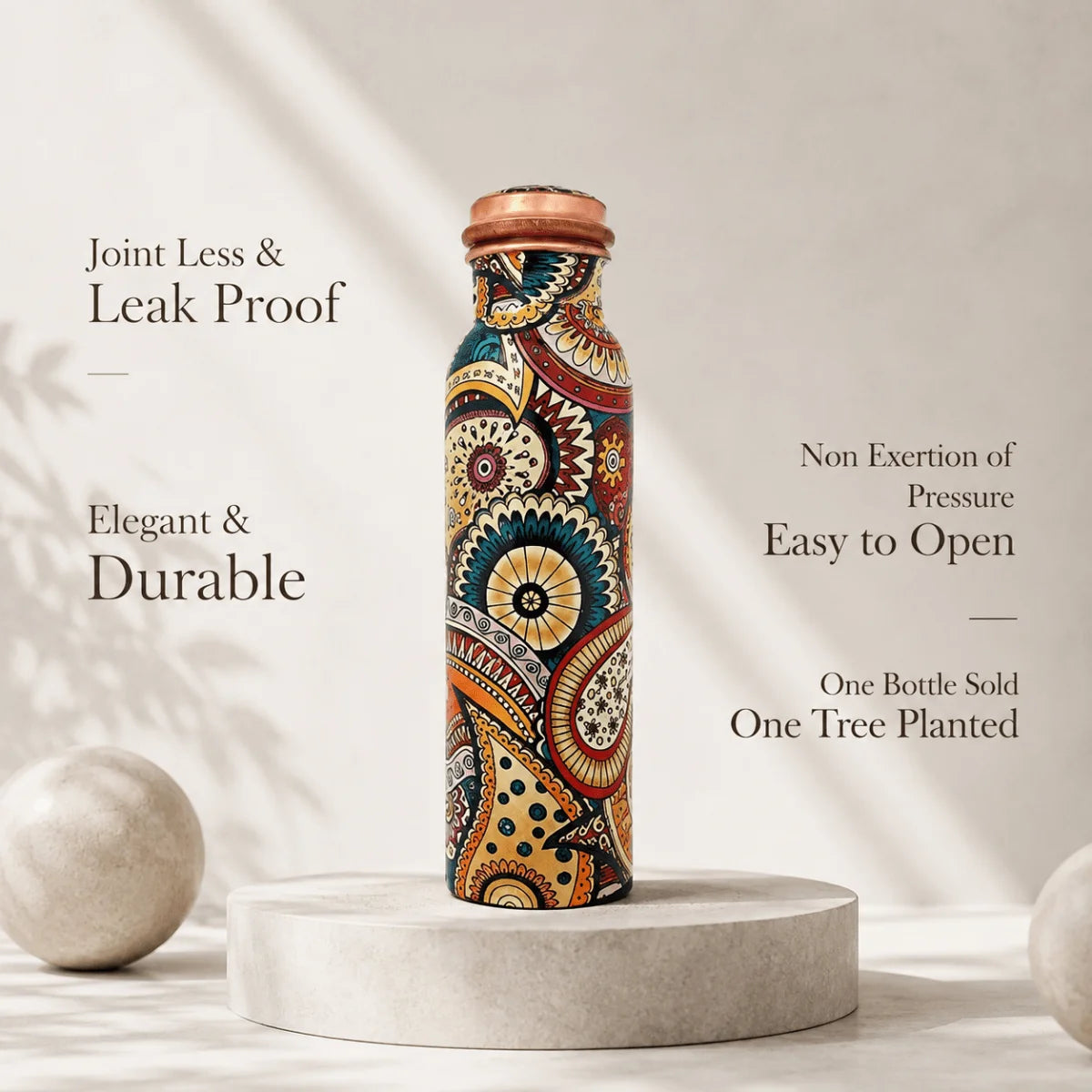 Colorful Paisley Pure Copper Water Bottle – Jointless Leak-Proof Ayurveda Bottle for Sports & Yoga (1000 ML)