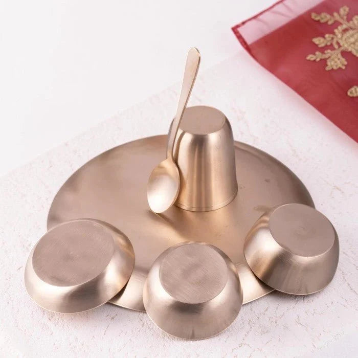 RoyalStuffs 11.8 Inch Matt Finish Kansa Bhojan Set – Traditional 6 Piece Bronze Dinner Set (80:20 Certified Kansa)