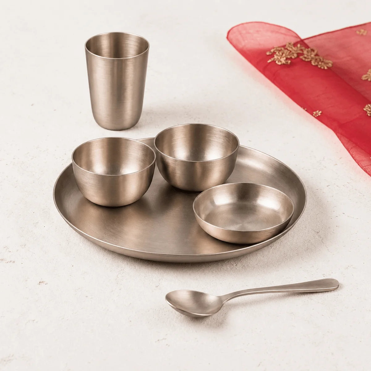 RoyalStuffs 11.8 Inch Matt Finish Kansa Bhojan Set – Traditional 6 Piece Bronze Dinner Set (80:20 Certified Kansa)