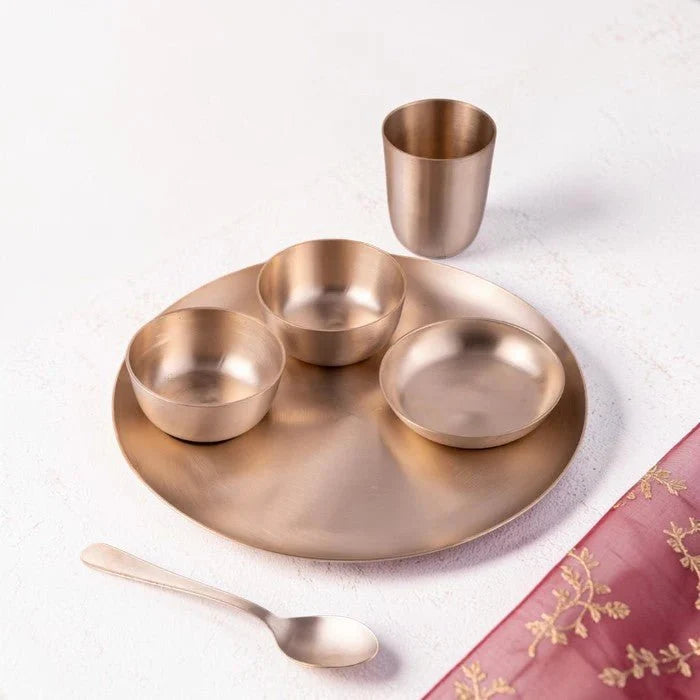RoyalStuffs 11.8 Inch Matt Finish Kansa Bhojan Set – Traditional 6 Piece Bronze Dinner Set (80:20 Certified Kansa)