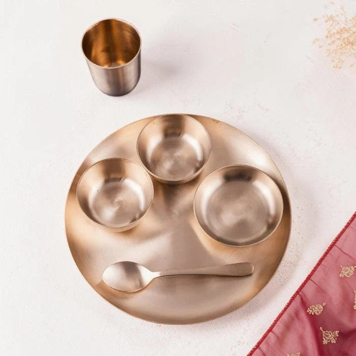 RoyalStuffs 11.8 Inch Matt Finish Kansa Bhojan Set – Traditional 6 Piece Bronze Dinner Set (80:20 Certified Kansa)