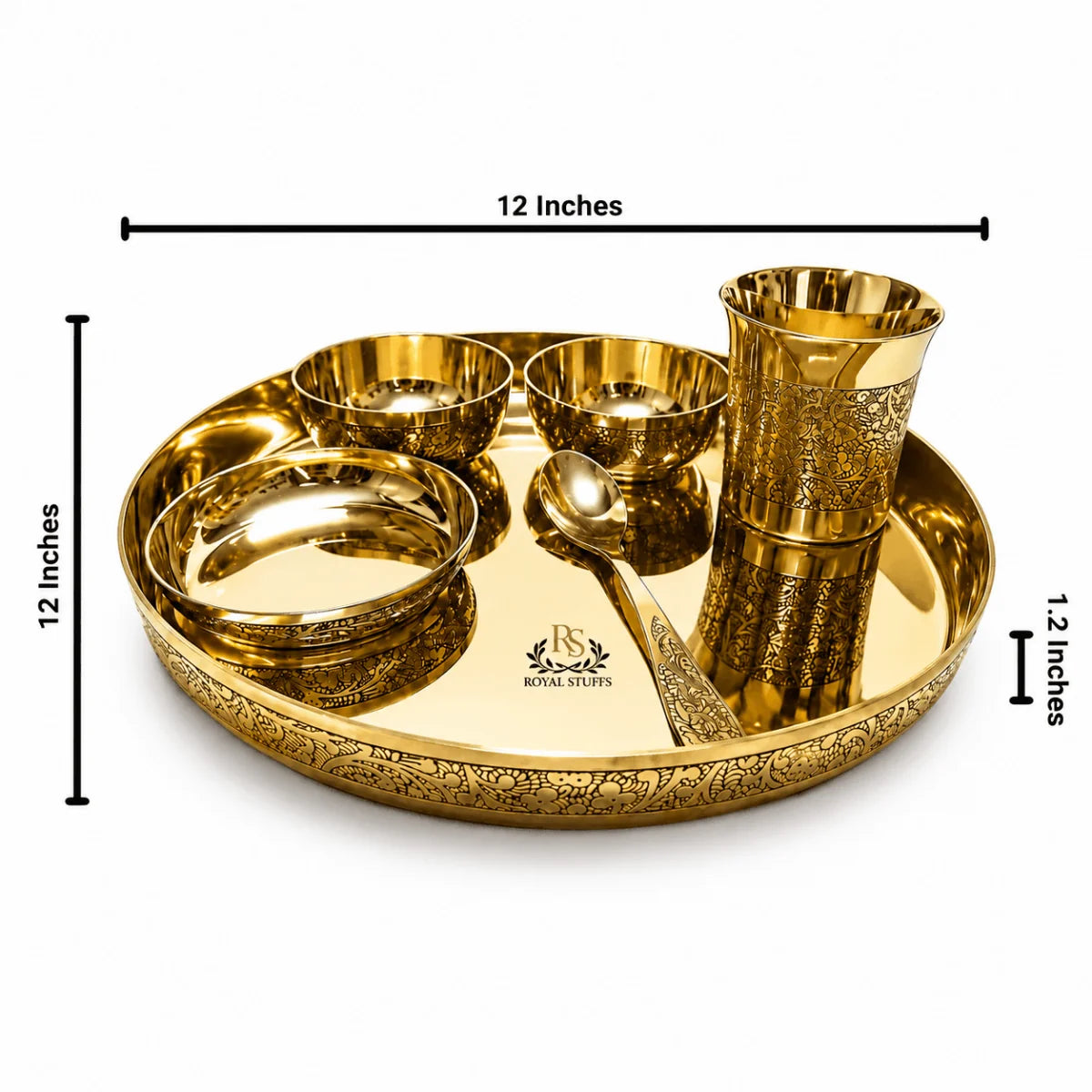 RoyalStuffs 12 Inch Embossed Kansa Dinner Thali Set – 6 Piece Traditional Bronze Dining Set (80:20 Certified Kansa)