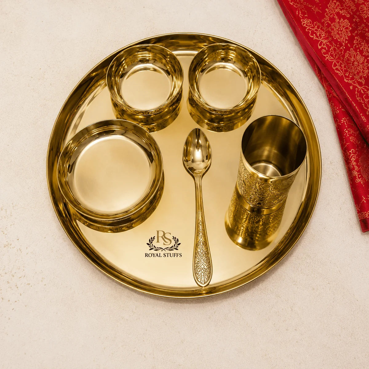RoyalStuffs 12 Inch Embossed Kansa Dinner Thali Set – 6 Piece Traditional Bronze Dining Set (80:20 Certified Kansa)