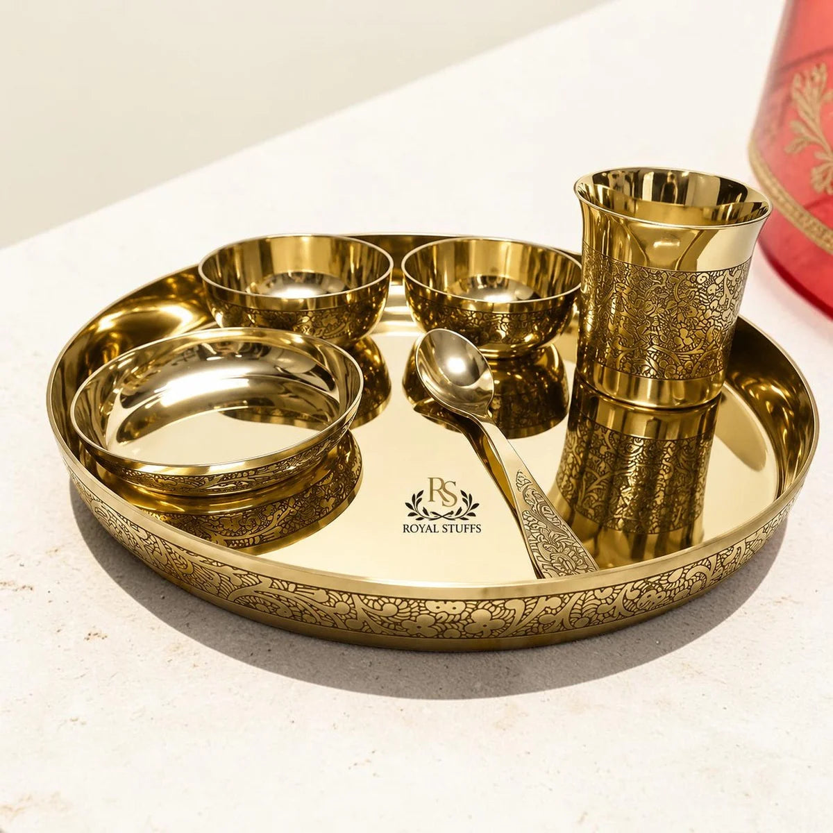 RoyalStuffs 12 Inch Embossed Kansa Dinner Thali Set – 6 Piece Traditional Bronze Dining Set (80:20 Certified Kansa)