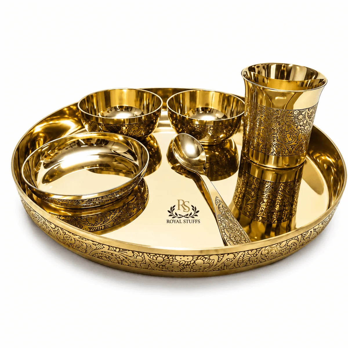 RoyalStuffs 12 Inch Embossed Kansa Dinner Thali Set – 6 Piece Traditional Bronze Dining Set (80:20 Certified Kansa)