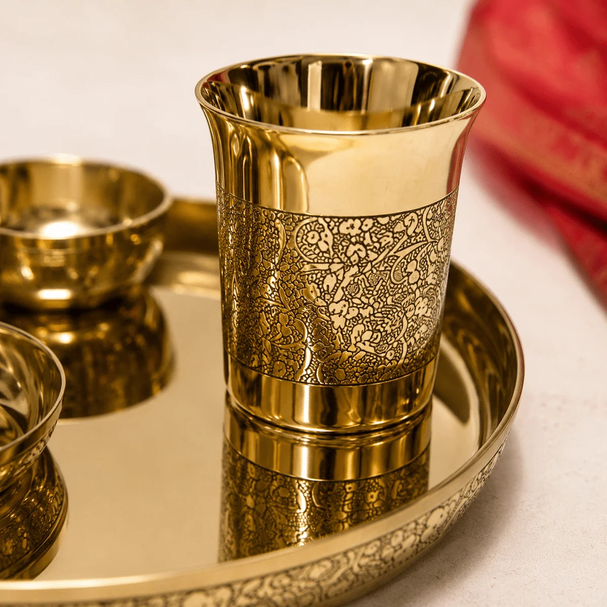 RoyalStuffs 12 Inch Embossed Kansa Dinner Thali Set – 6 Piece Traditional Bronze Dining Set (80:20 Certified Kansa)