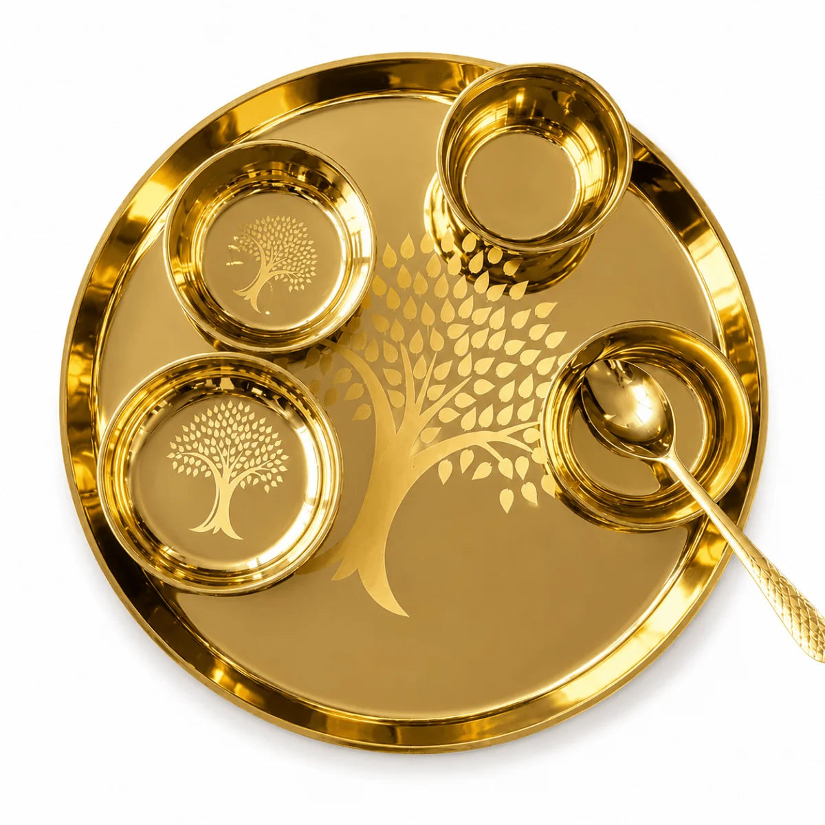 RoyalStuffs Designer Kansa Thali Set – 80:20 Certified Bronze Dinner Set with Laser Engraved Tree Design