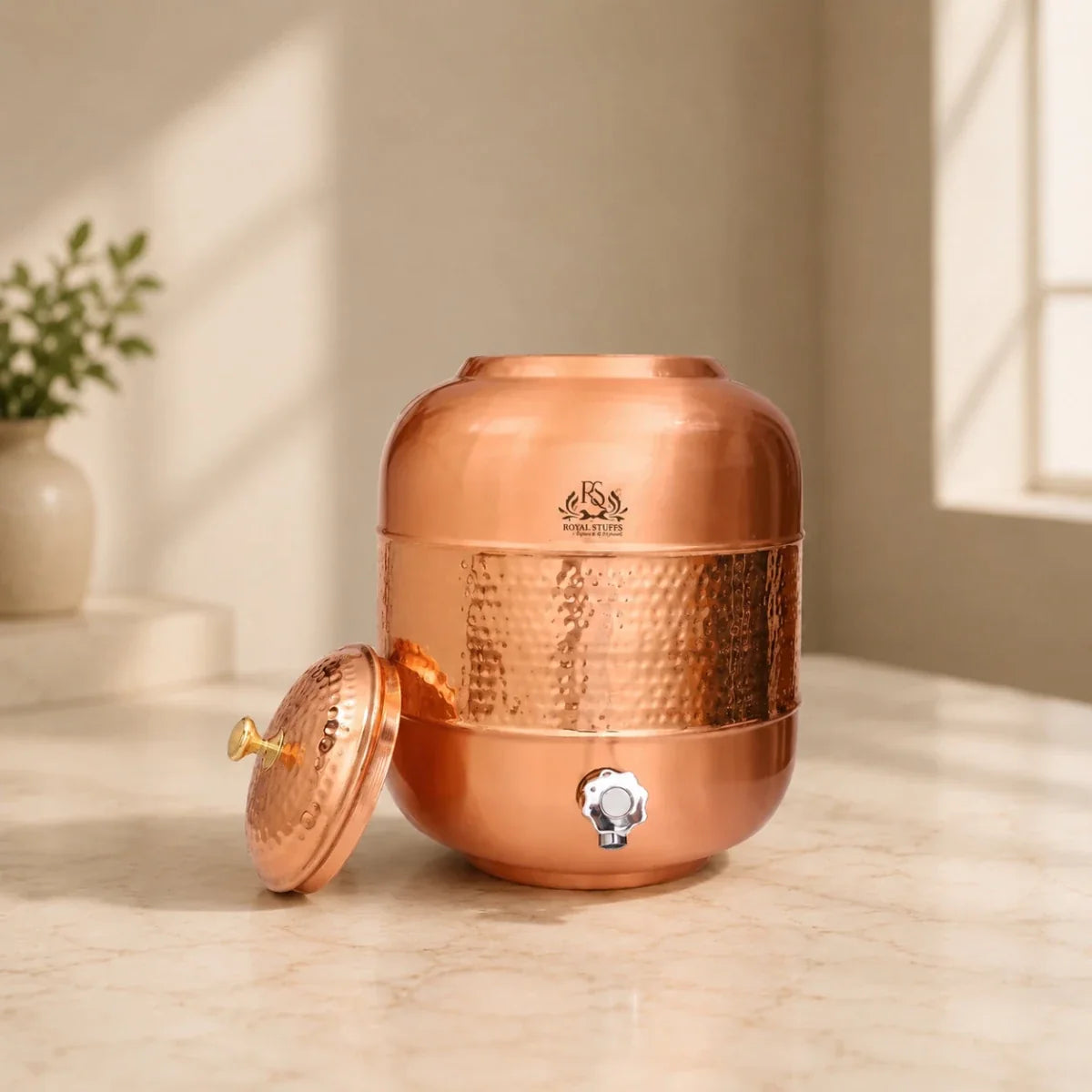 Hammered Copper Water Dispenser Matka with Tap – 4 Litre Storage & Serving Pot