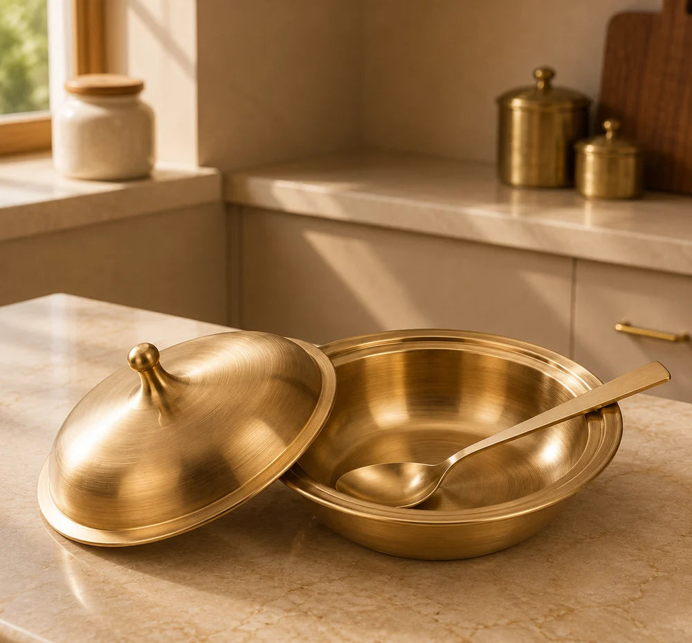 ROYALSTUFFS Pure Kansa Bronze Casserole Donga with Lid | Handmade Traditional Serving Bowl for Dining & Ayurveda Benefits