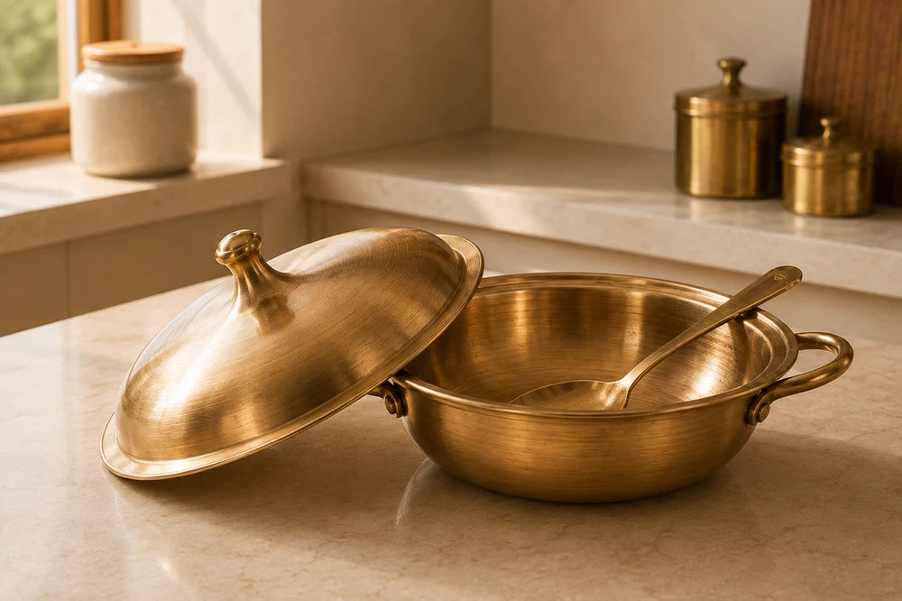 ROYALSTUFFS Pure Kansa Bronze Casserole Donga with Lid | Handmade Traditional Serving Bowl for Dining & Ayurveda Benefits