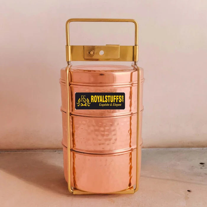 RoyalStuffs Copper 3 Tier Office Tiffin Lunch Box with Tin Lining – Hammered Copper Lunch Carrier