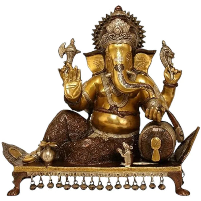 Royal India Brass Lord Ganesha Sitting on Chowki – Premium Handcrafted Brass Idol (15 Inch)