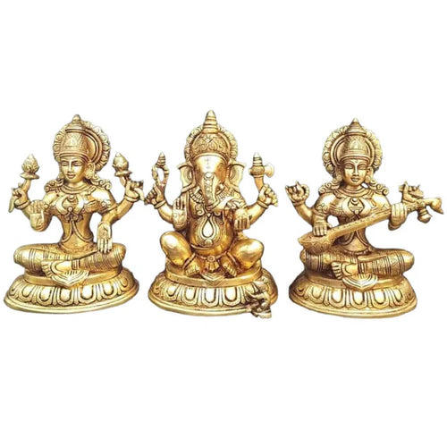 Brass Ganesha Lakshmi Saraswathi Statue Set – Large Handmade Divine Idol Collection (10 Inch)