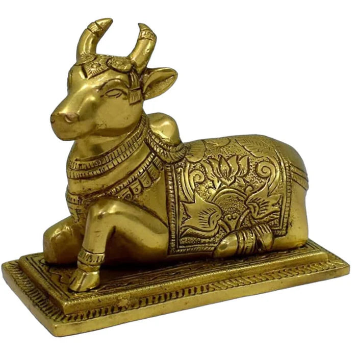 100% Pure Brass Sitting Nandi Cow Statue – Handcrafted Spiritual Home Décor Showpiece (4.5 Inch)