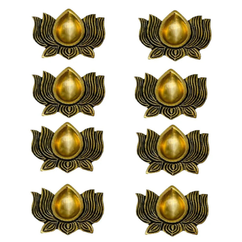 Indian Diwali Oil Lamp Pooja Diya Brass Light Lotus Kamal Laxmi Vilakku Decorative Wicks Diyas Set of 8 – Gold Finish