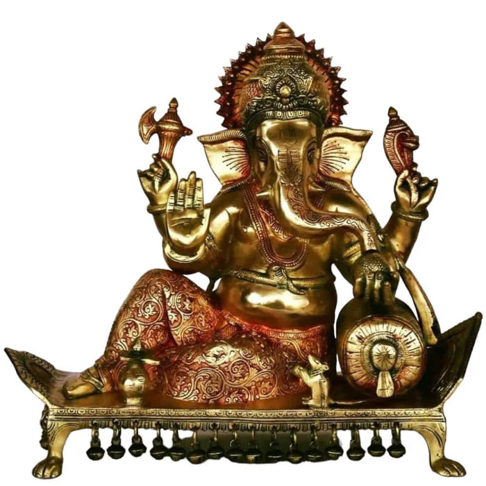 Lord Ganesha Seated on Chowki Figurine – Exotic India Finish Premium Brass Idol (15 Inch)