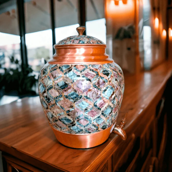 RoyalStuffs Copper Water Dispenser with Abstract Meena Art – 10 Liter Printed Copper Storage Container with Brass Tap
