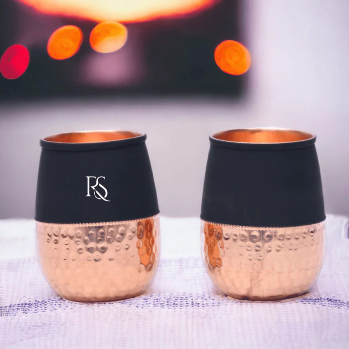 Set of 2 Silk Black Half Hammered Dholak Copper Tumblers – Pure Copper Water Glasses (250 ML)