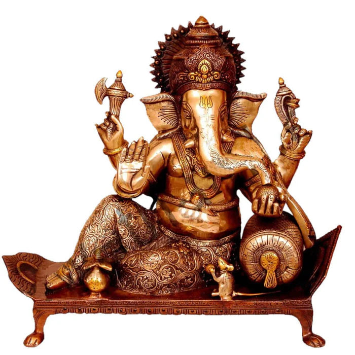 Bhagwan Ganesh Seated on Chowki with Ghungroos – Premium Handcrafted Brass Idol (15 Inch)