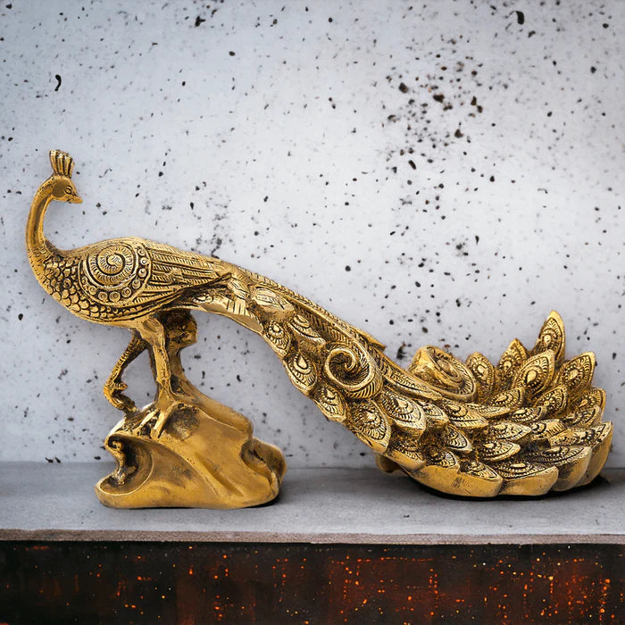 Brass Peacock Figurine Showpiece – Handcrafted Golden Peacock Home Décor Statue (17 CM)