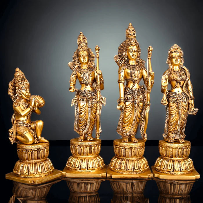 Very Large Pure Brass Ram Darbar Statue – Lord Rama, Sita, Lakshman & Hanuman Murti Set