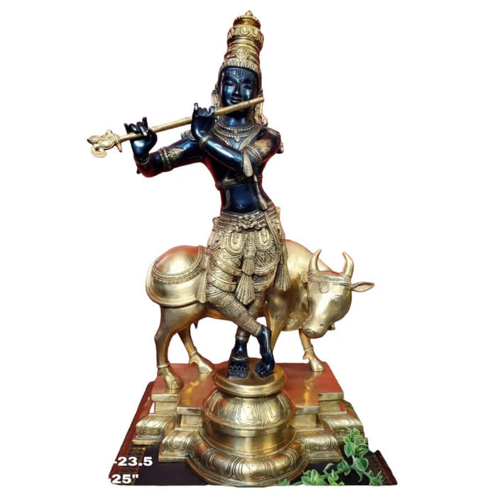 Cow Krishna Statue – 25 Inch Large Premium Brass Krishna Idol with Cow