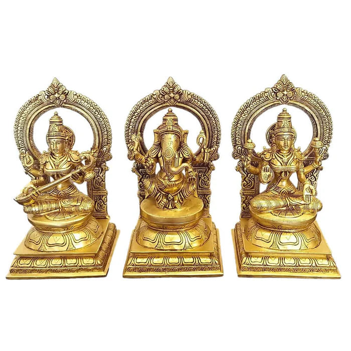 10 Inch Brass Lakshmi Ganesha Saraswati Statue Set – Premium Handcrafted Divine Idol Trio