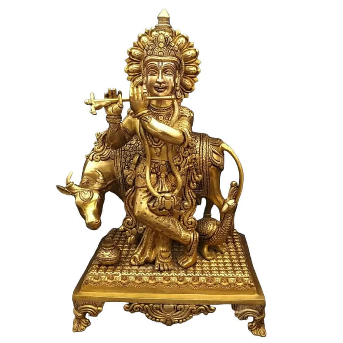 Lord Krishna Brass Statue with Cow – Premium Handcrafted Brass Krishna Idol (16 Inch)