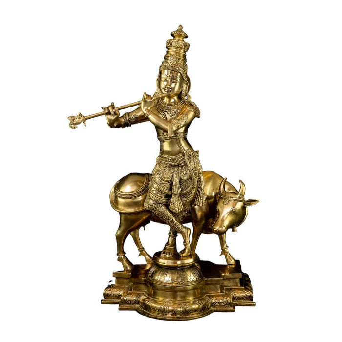 Brass Krishna with Cow Statue – Golden Finish Premium Handcrafted Krishna Idol (25 Inch)