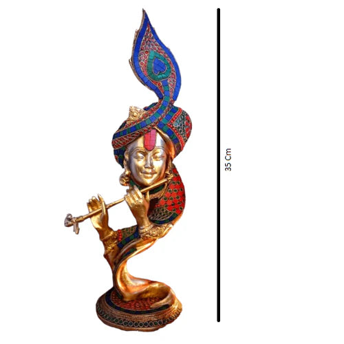 Royal Brass Krishna Idol – Murli Kishan Playing Flute with Morpankh (35 cm)