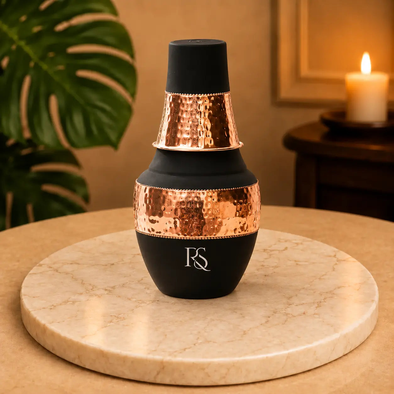 RoyalStuffs Pure Copper Water Bottle with Tumbler – Hammered Design Copper Carafe Bottle (1250 ML)