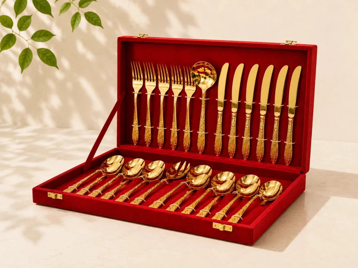 27-Piece Brass Cutlery Set in Premium Red Velvet Box – Royal Dining & Gifting Collection | RoyalStuffs