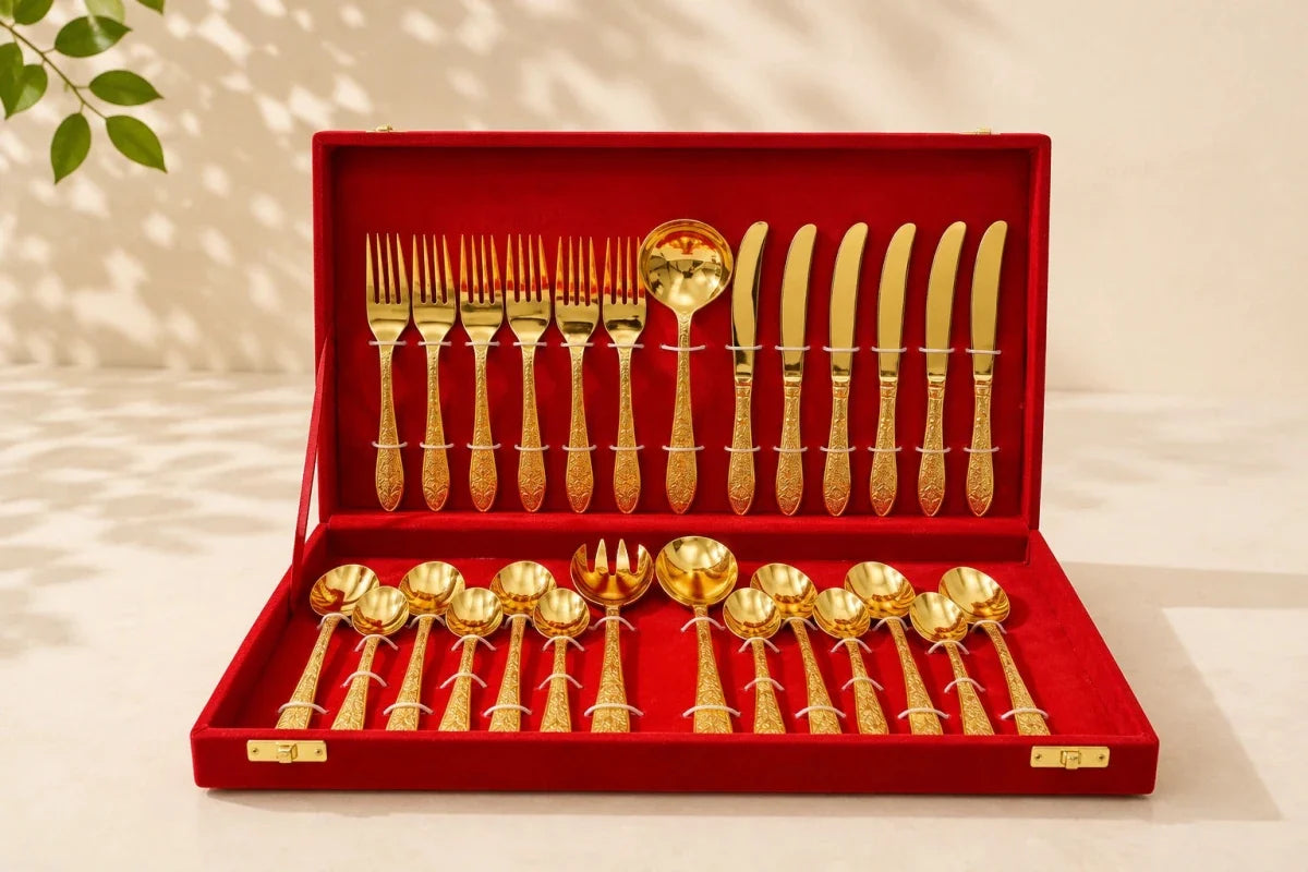 27-Piece Brass Cutlery Set in Premium Red Velvet Box – Royal Dining & Gifting Collection | RoyalStuffs