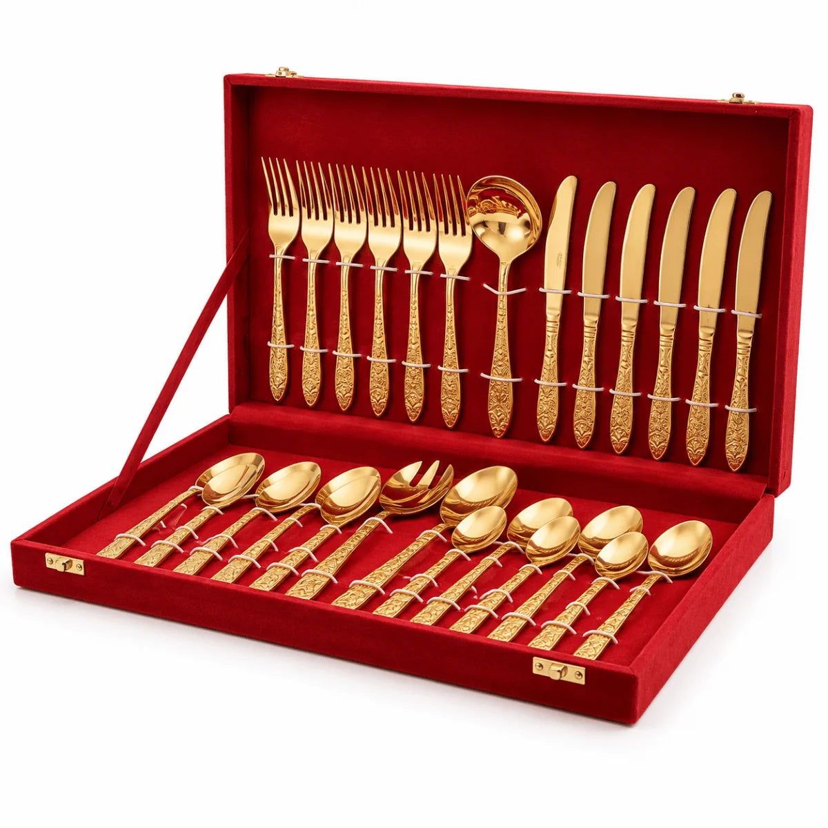 27-Piece Brass Cutlery Set in Premium Red Velvet Box – Royal Dining & Gifting Collection | RoyalStuffs