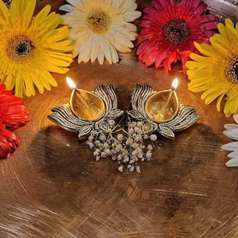 Indian Diwali Oil Lamp Pooja Diya Brass Light Lotus Kamal Laxmi Vilakku Decorative Wicks Diyas Set of 8 – Gold Finish