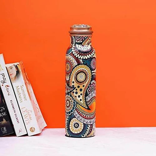 Colorful Paisley Pure Copper Water Bottle – Jointless Leak-Proof Ayurveda Bottle for Sports & Yoga (1000 ML)
