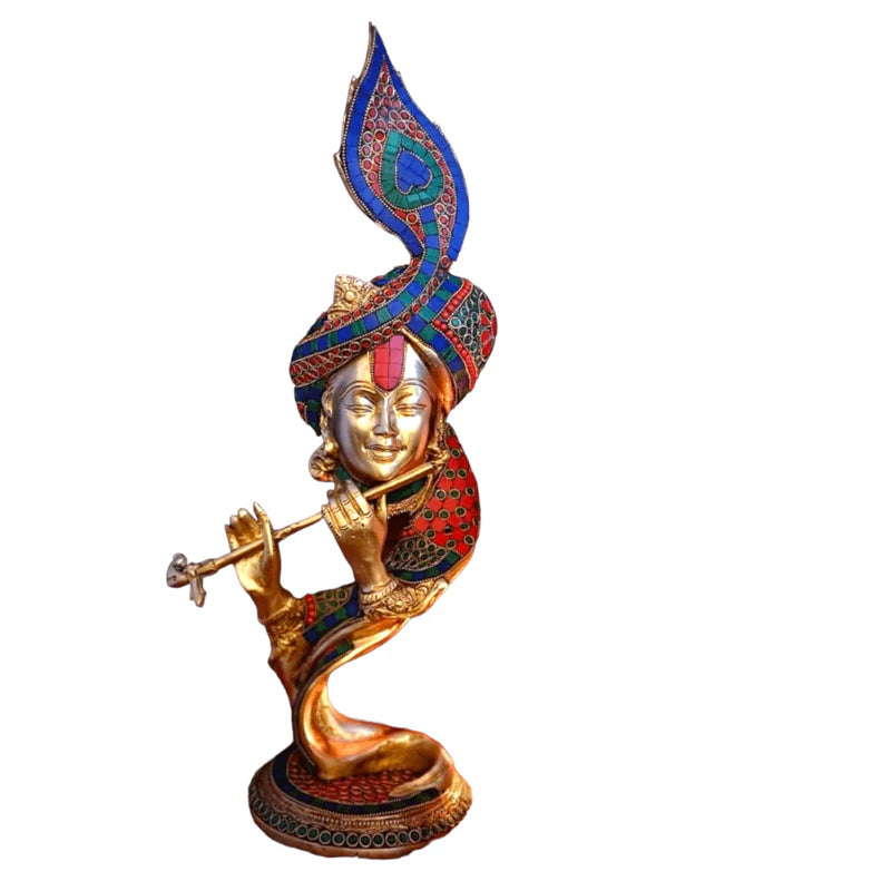 Royal Brass Krishna Idol – Murli Kishan Playing Flute with Morpankh (35 cm)