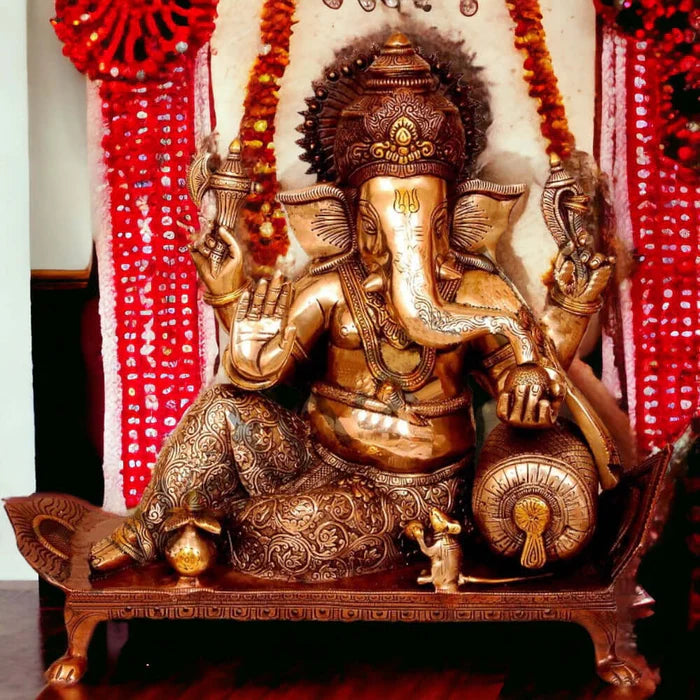 Bhagwan Ganesh Seated on Chowki with Ghungroos – Premium Handcrafted Brass Idol (15 Inch)