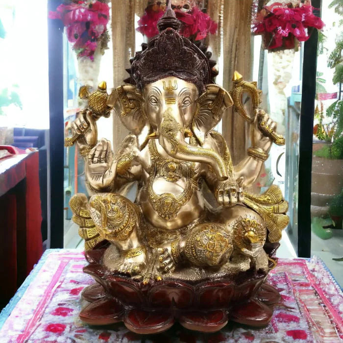 RoyalStuffs 22 Inch Large Brass Lord Ganesha Statue – Handmade Exotic Triple Chola Finish Ganpati Idol on Lotus