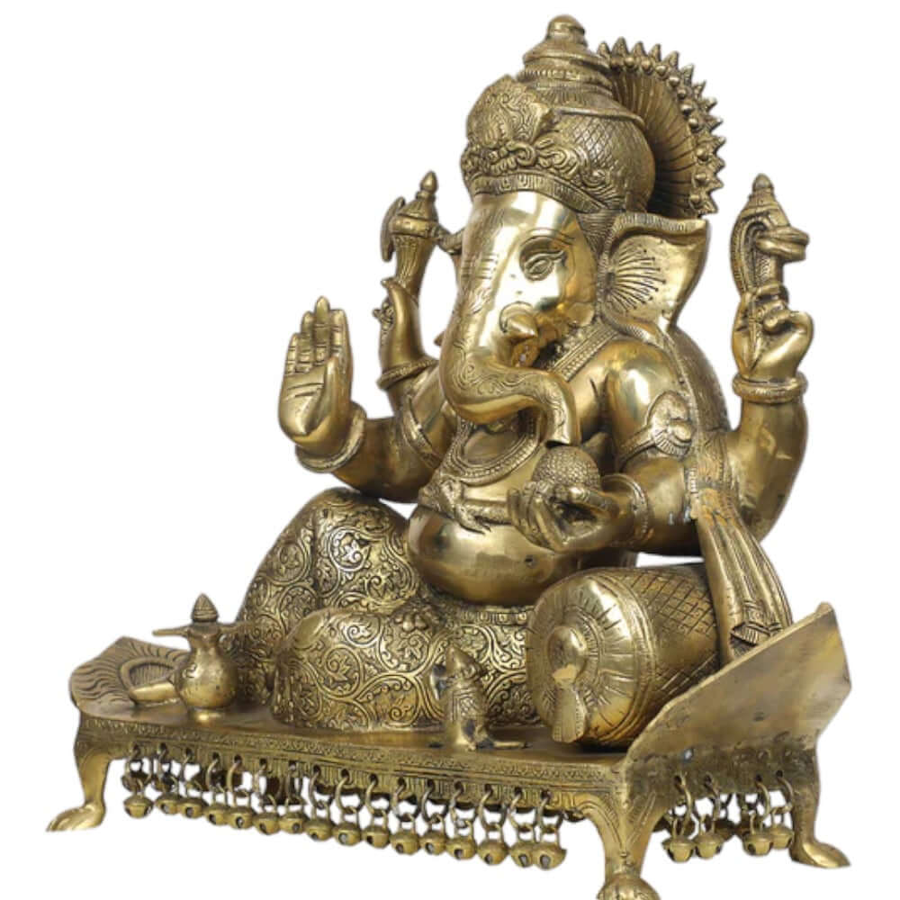 Royal Brass Lord Ganesha Sitting on Chowki – Handcrafted Premium Brass Idol (15 Inch)