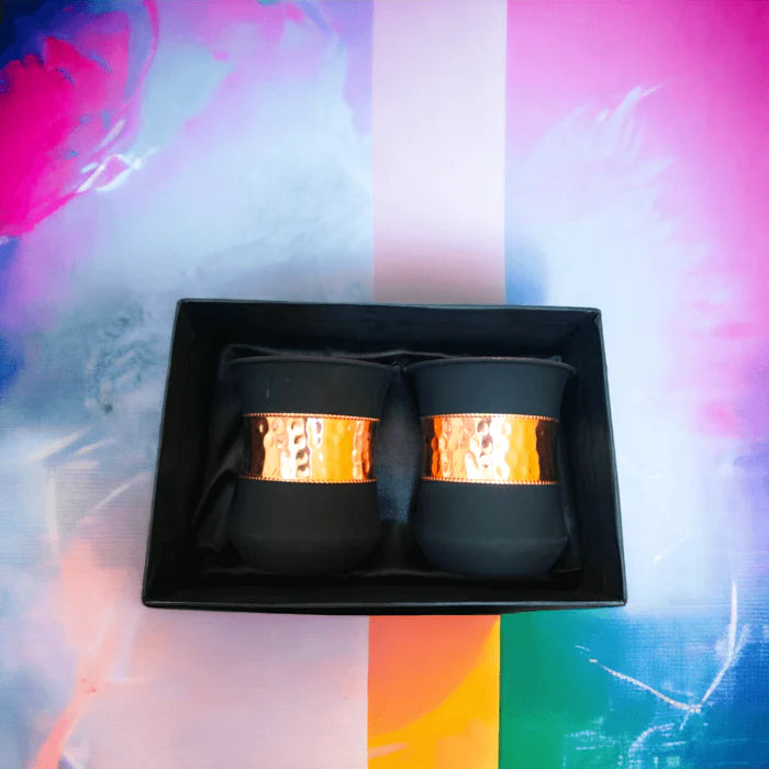 Set of 2 Silk Black Half Hammered Copper Tumblers – Pure Copper Water Glass Set (250 ML)